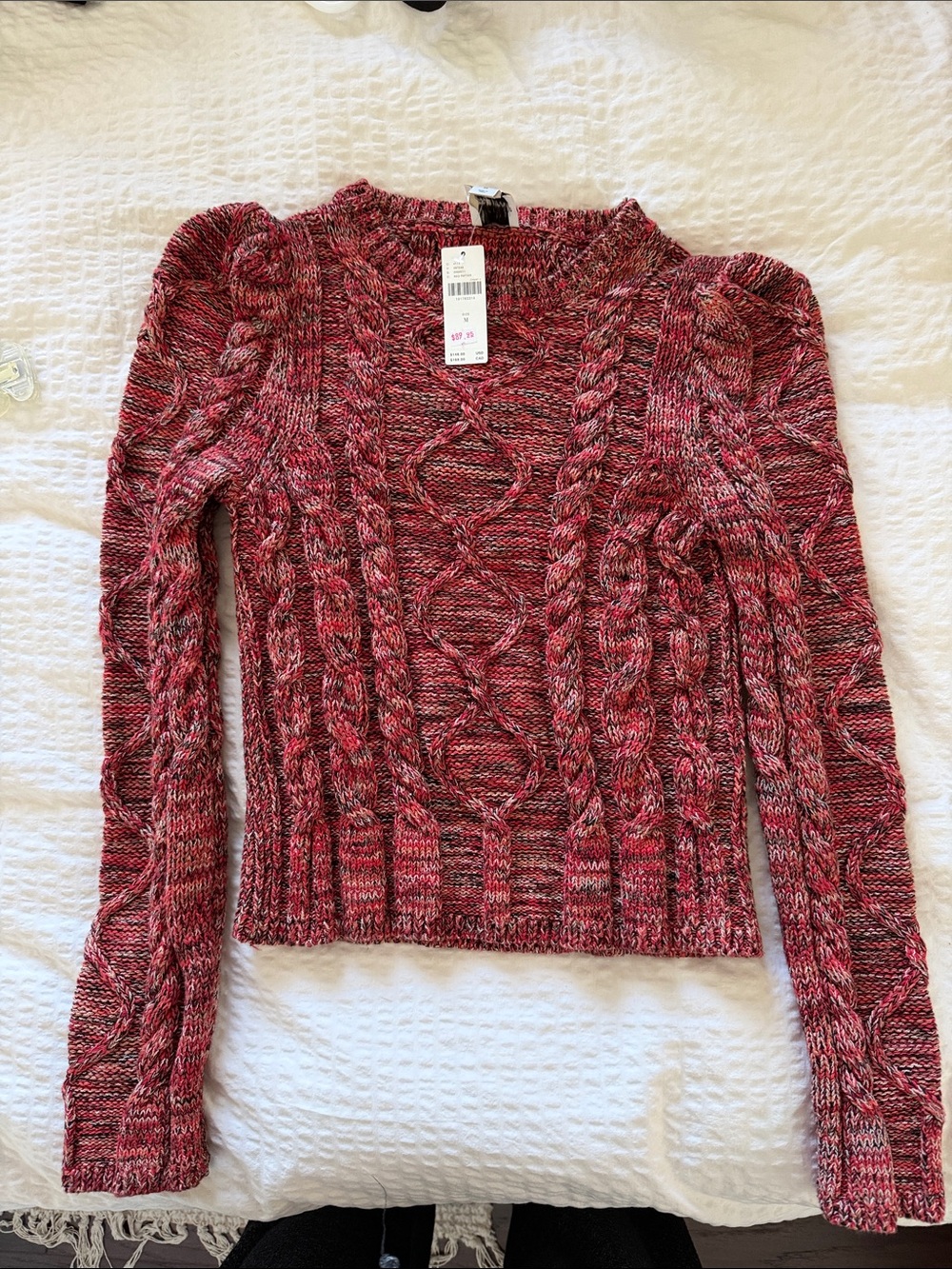 Maeve Marled Red Cable Knit Cotton Sweater